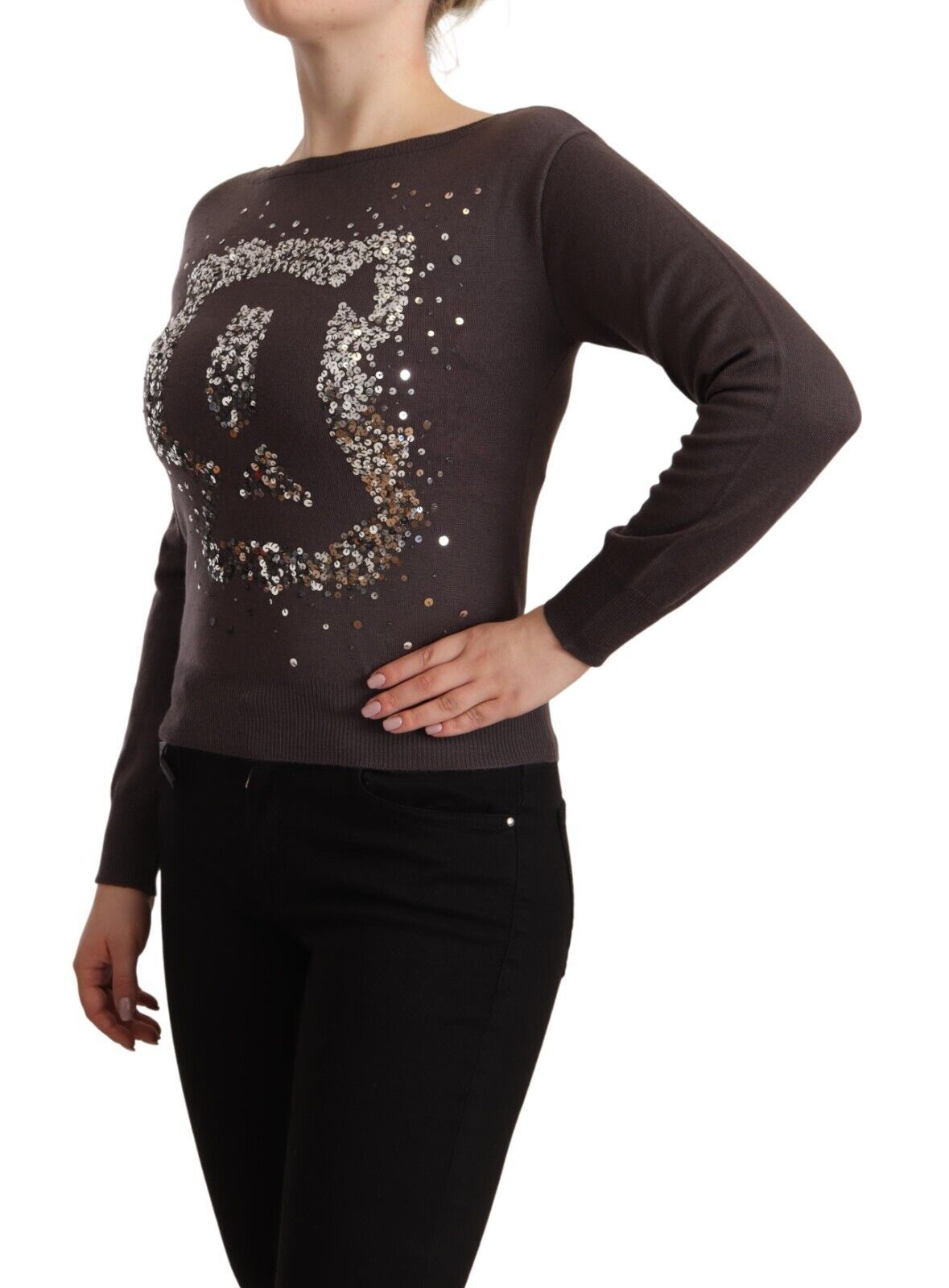 Brown Wool Sequined Long Sleeves Pullover Sweater