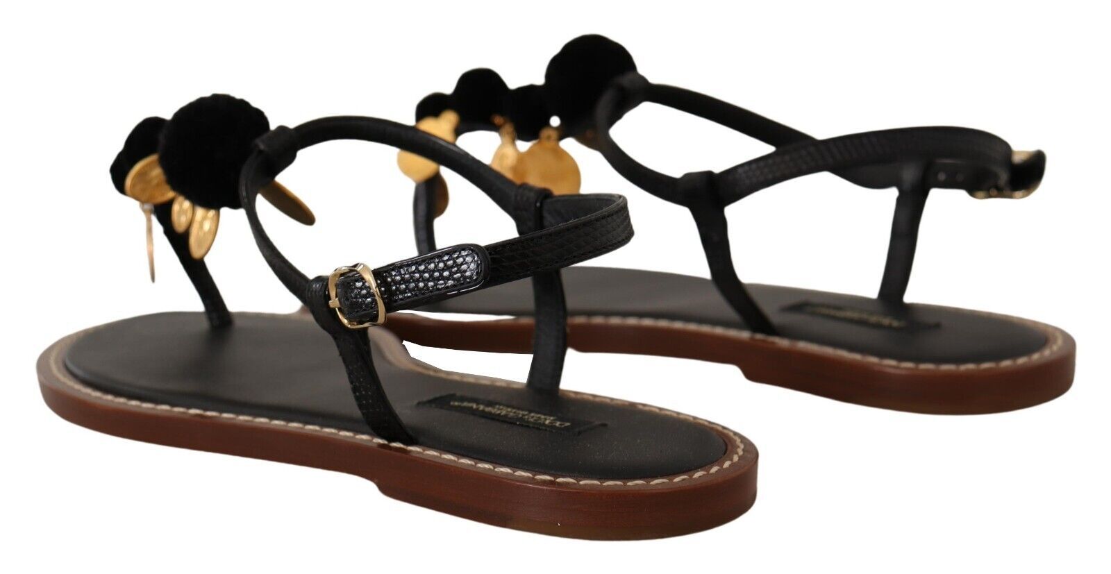 Black Leather Coins Flip Flops Sandals Shoes