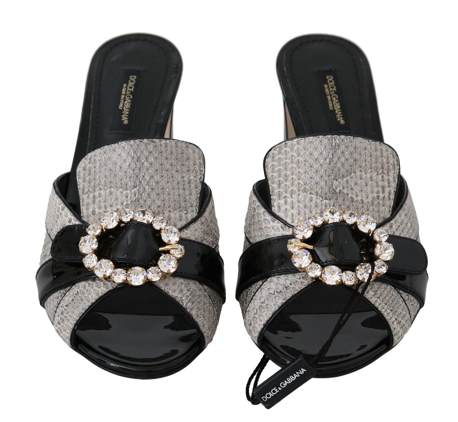 Dolce & Gabbana Black Gray Exotic Leather Crystals Sandals Shoes