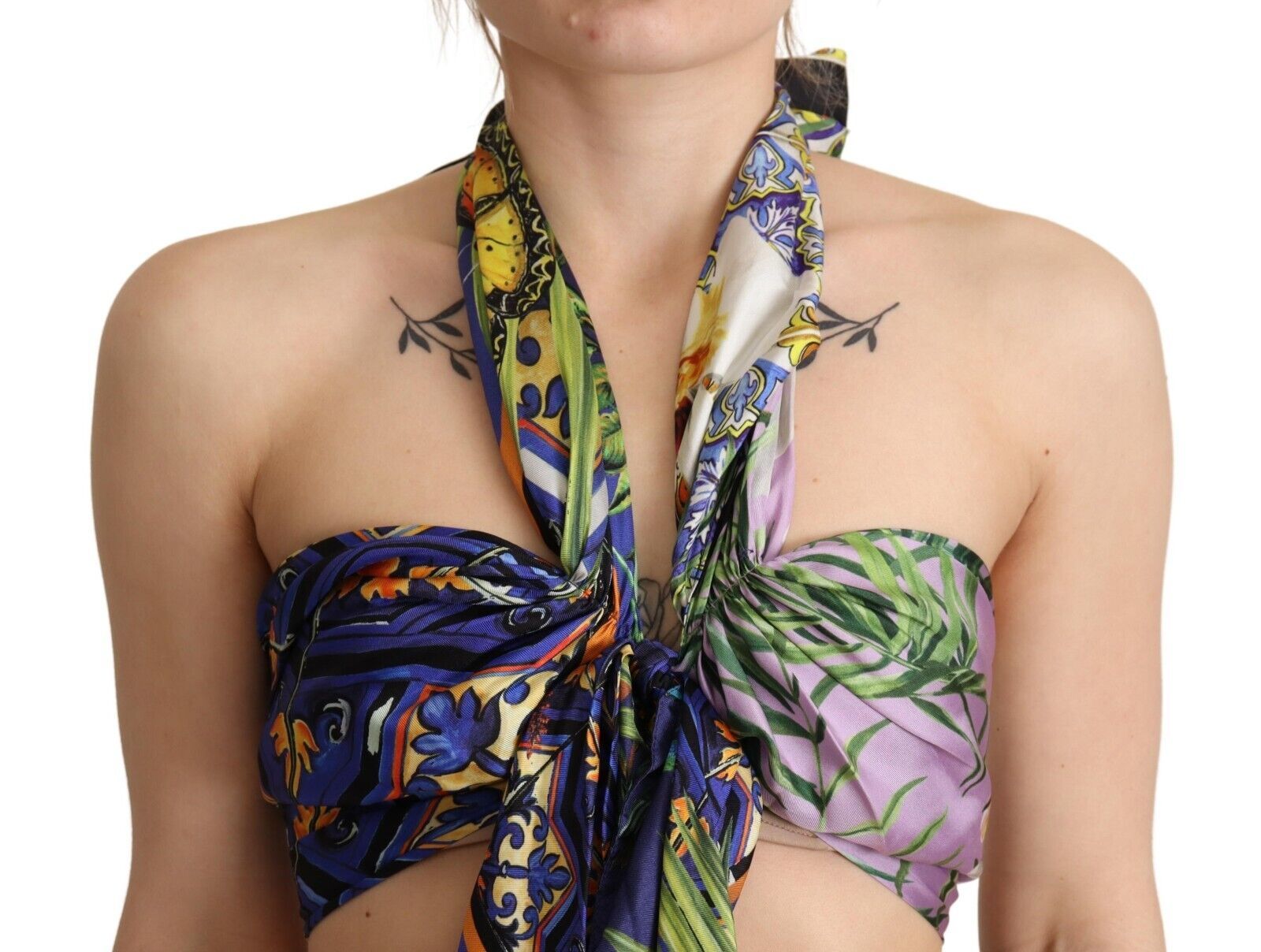 Multicolor Foulard Silk Halter Cropped Top