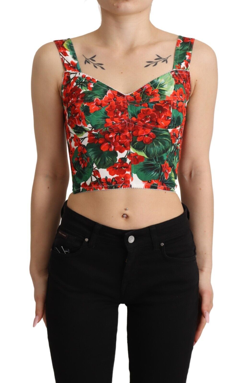 Dolce & Gabbana Red Geranium Print Viscose Sweetheart Cropped Top