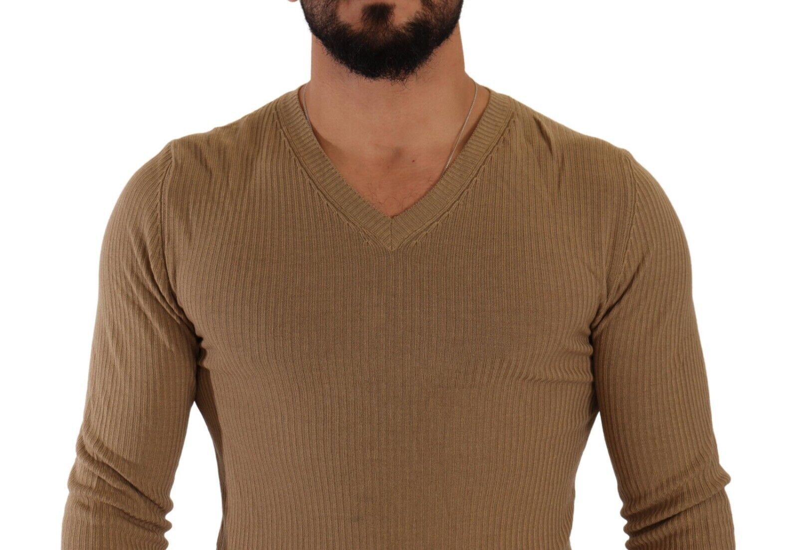 Brown Wool Knit V-neck Men Pullover Sweater