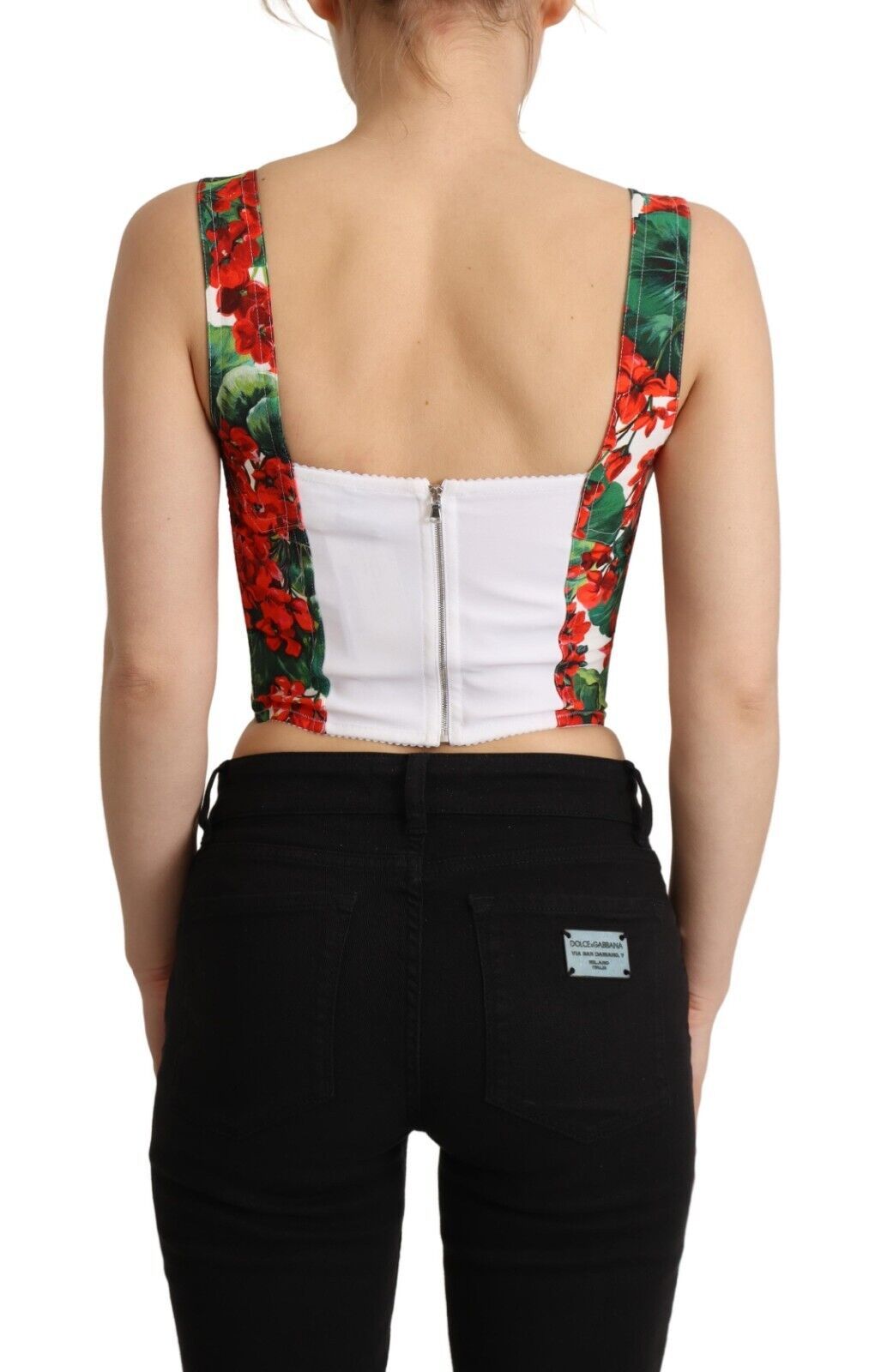 Dolce & Gabbana Red Geranium Print Viscose Sweetheart Cropped Top