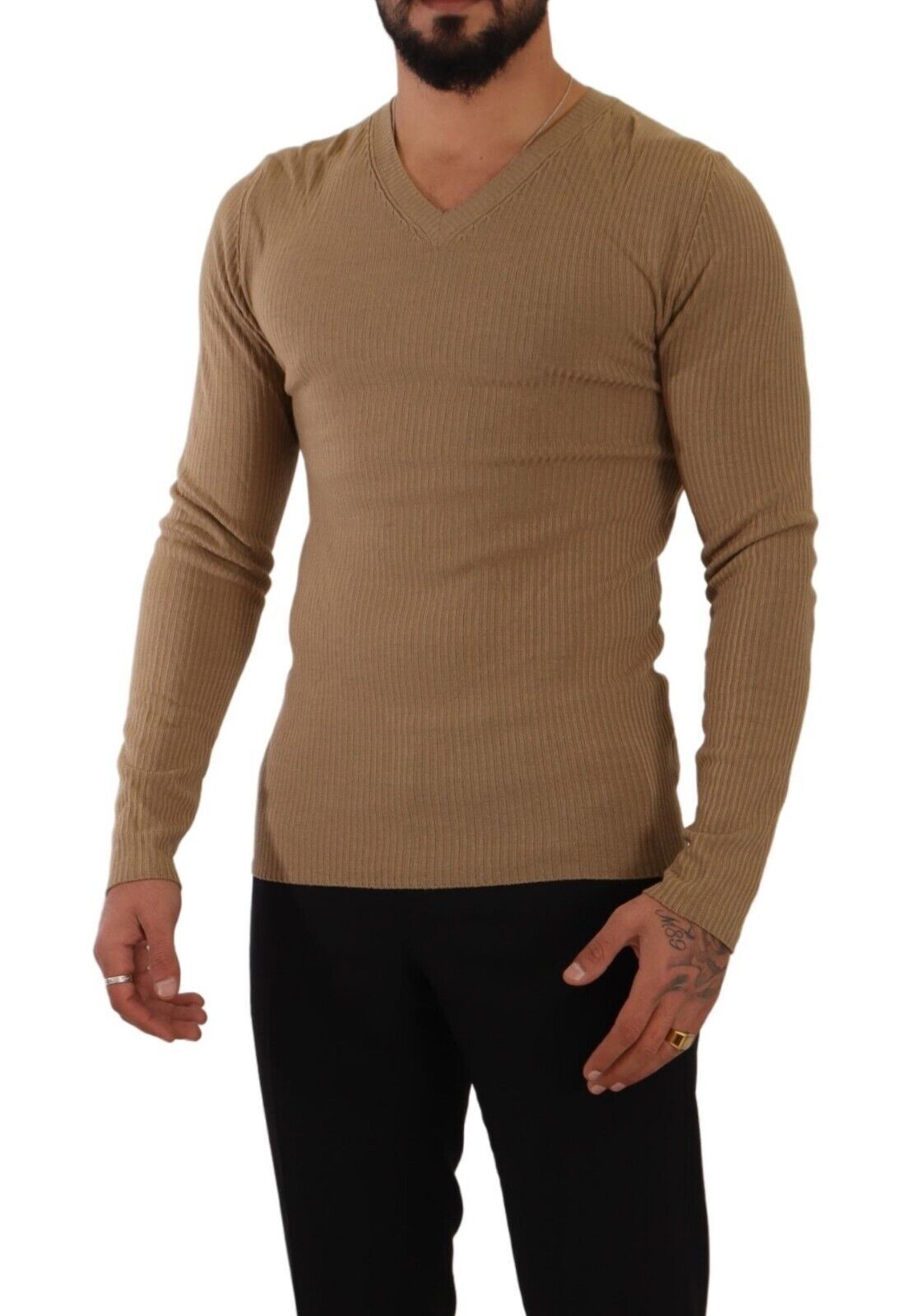 Brown Wool Knit V-neck Men Pullover Sweater