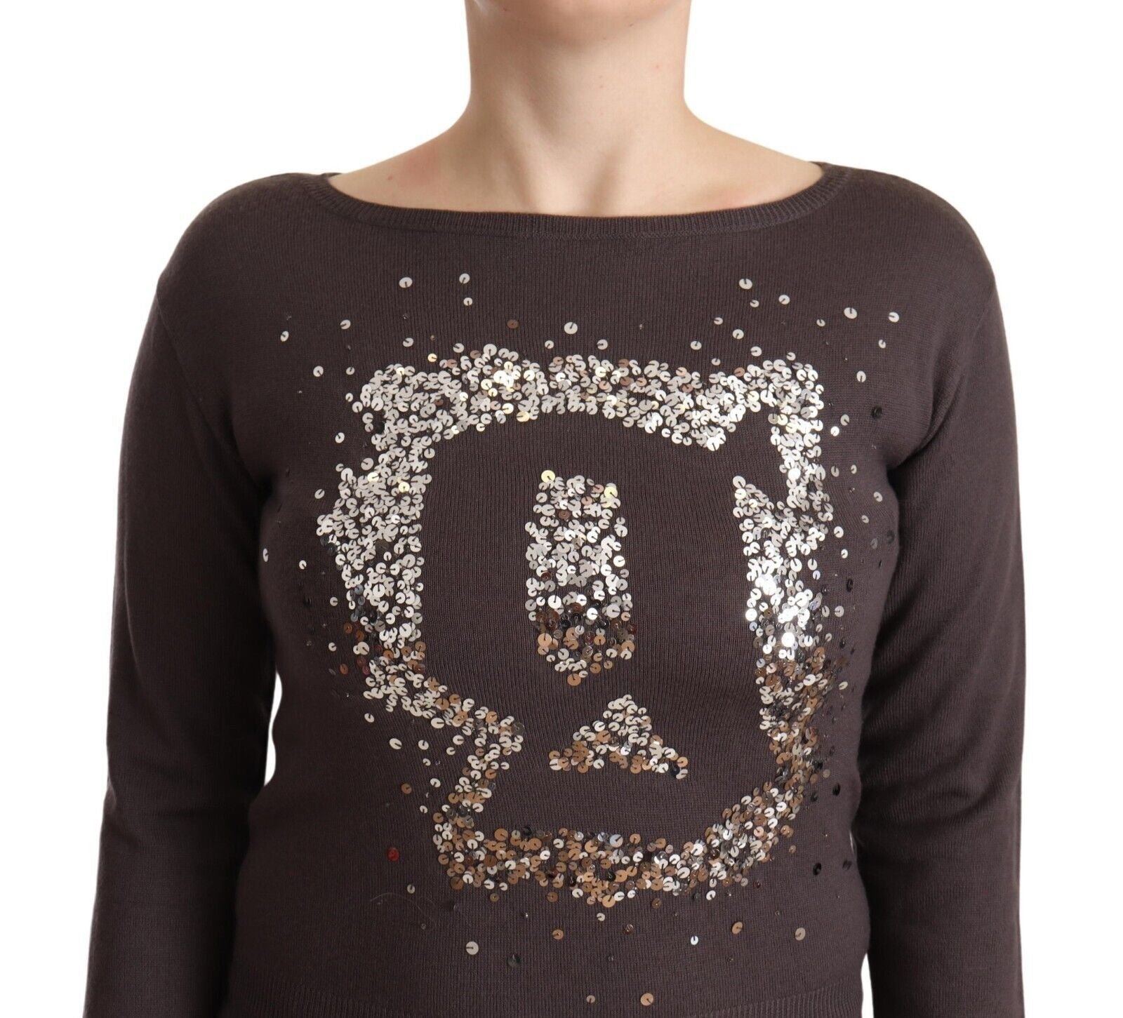 Brown Wool Sequined Long Sleeves Pullover Sweater