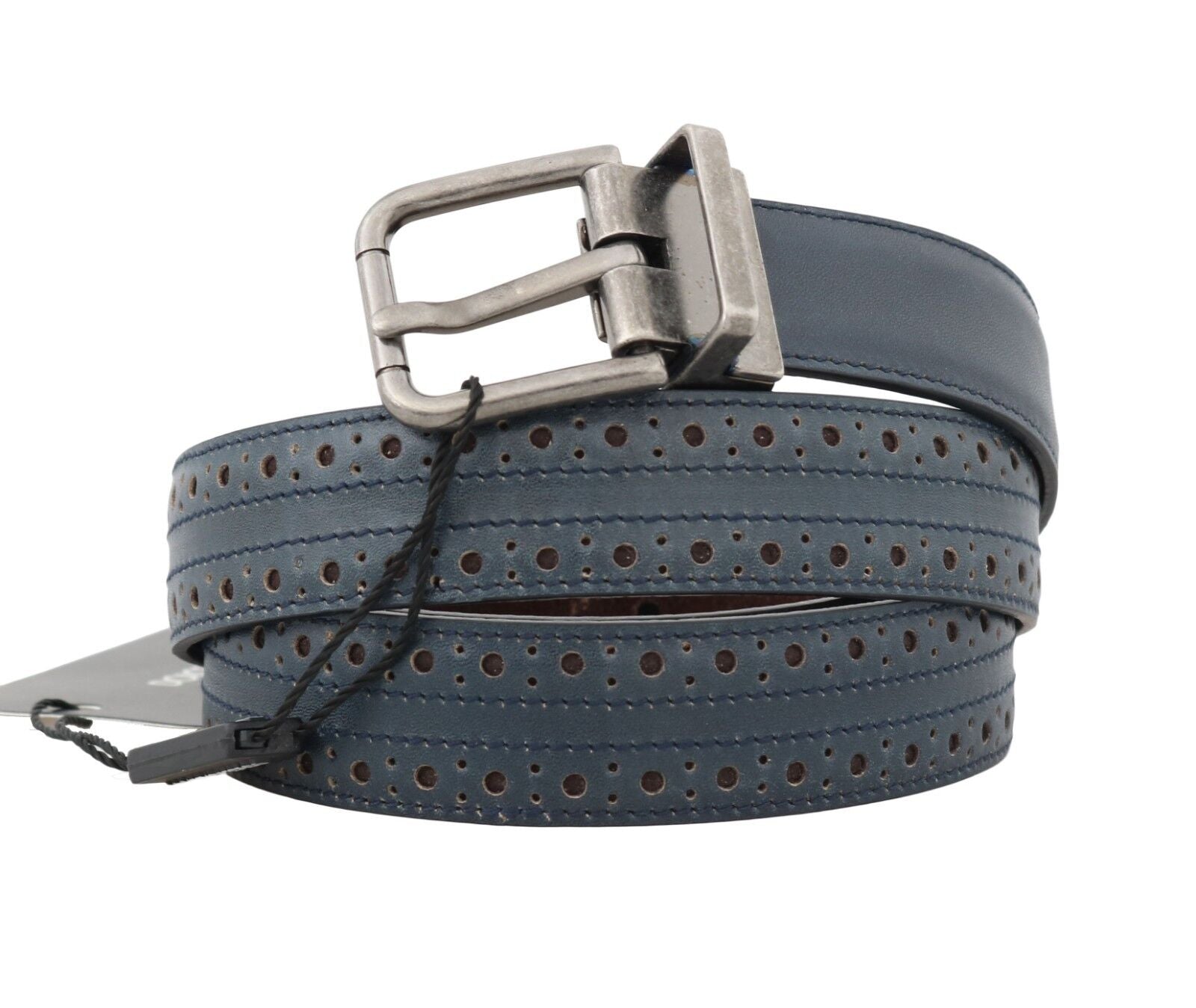 Dolce & Gabbana Blue Perforated Leather Gray Buckle Belt