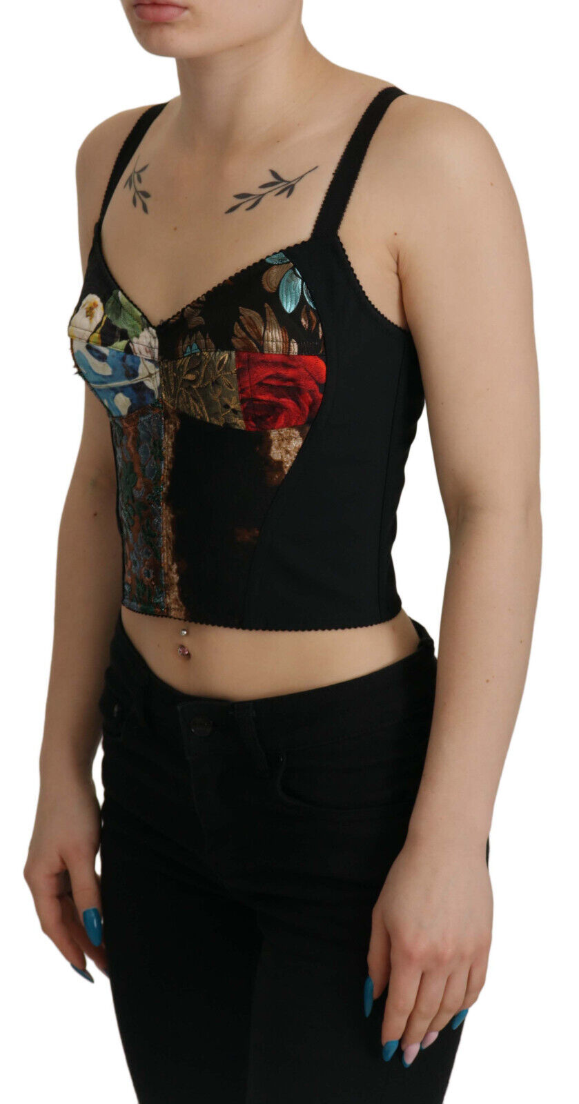 Dolce & Gabbana Black Patchwork Sicily Blouse Corset Cropped Top