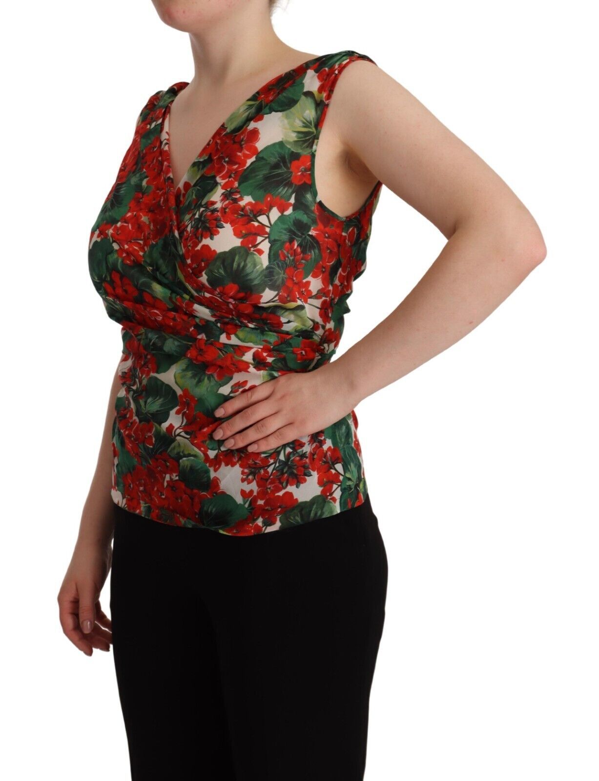 Multicolor Geranium Silk Sleeveless V-neck Top