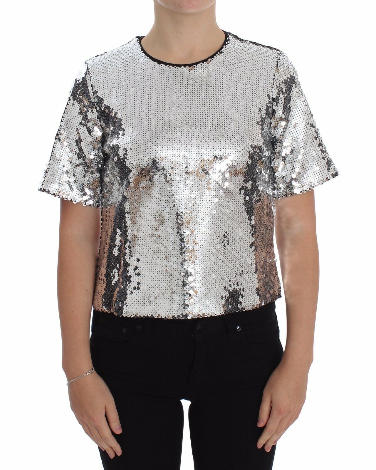 Silver Sequined Crewneck Blouse T-shirt Top