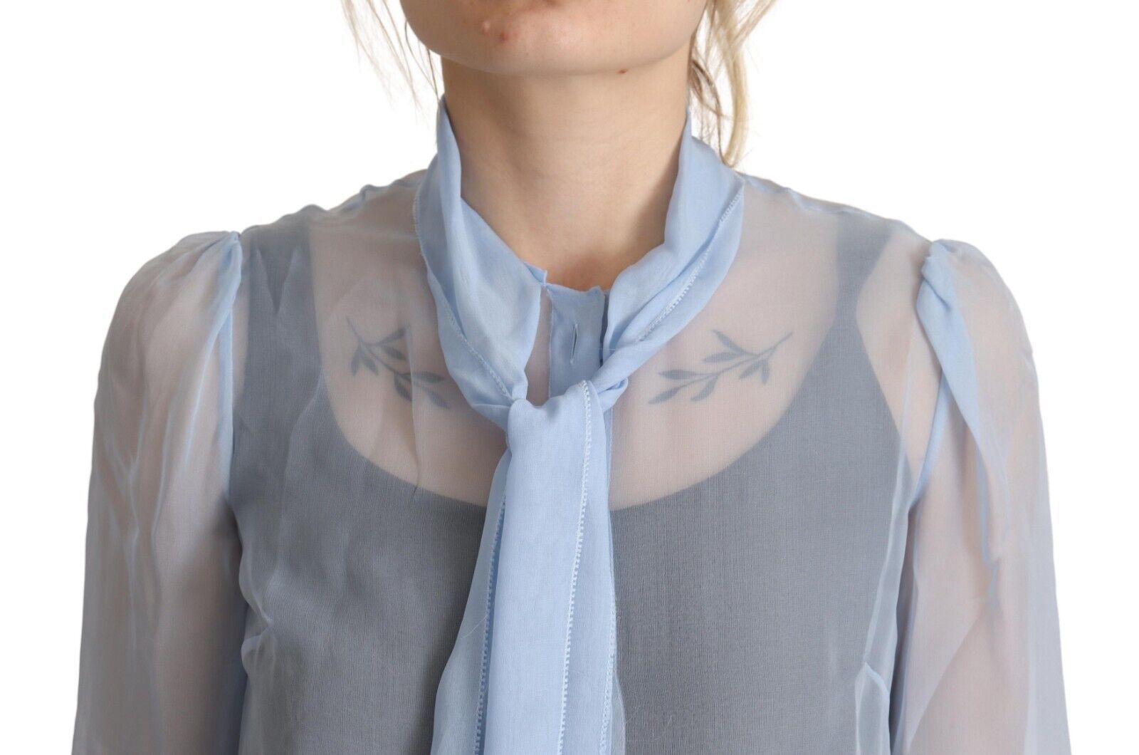 Light Blue Silk Ascot Collar Long Sleeves Blouse Top