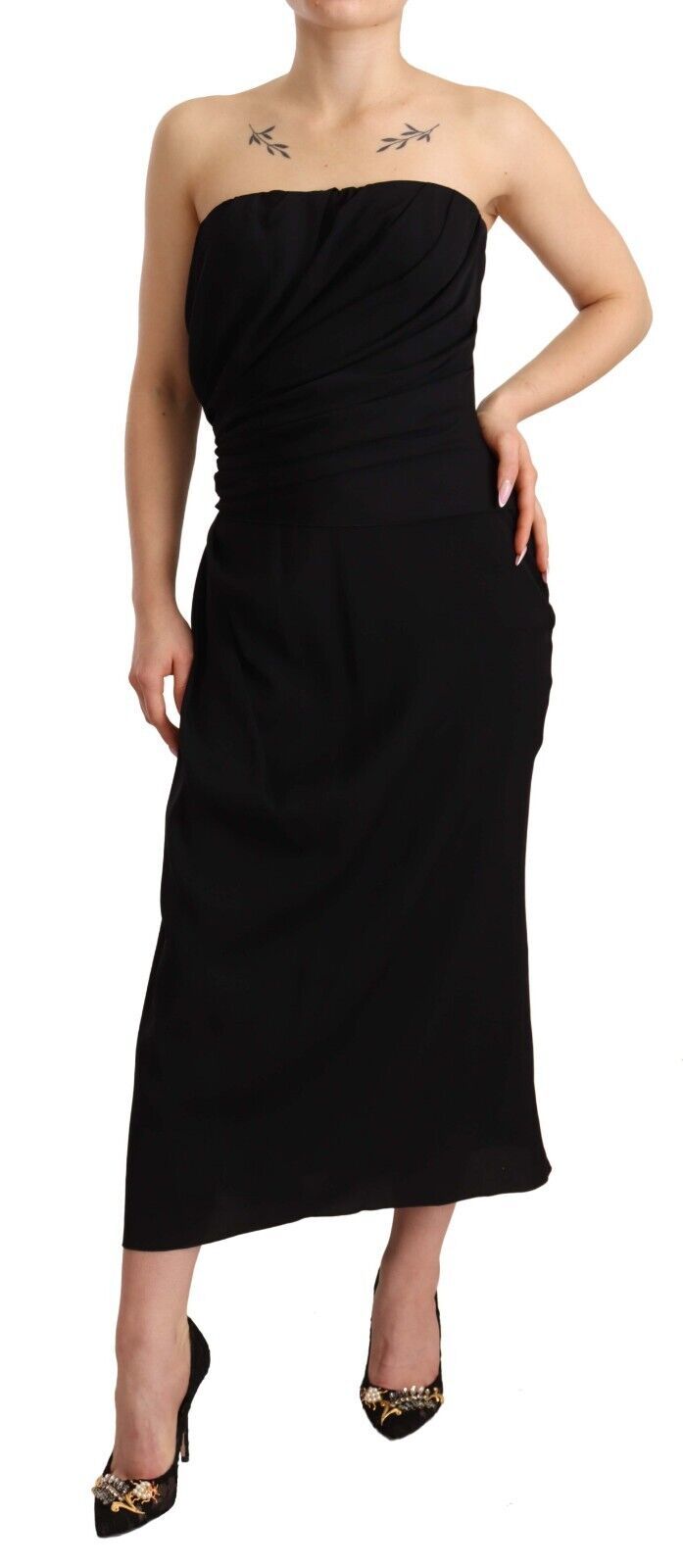 Black Silk Stretch Strapless Sheath Midi Dress