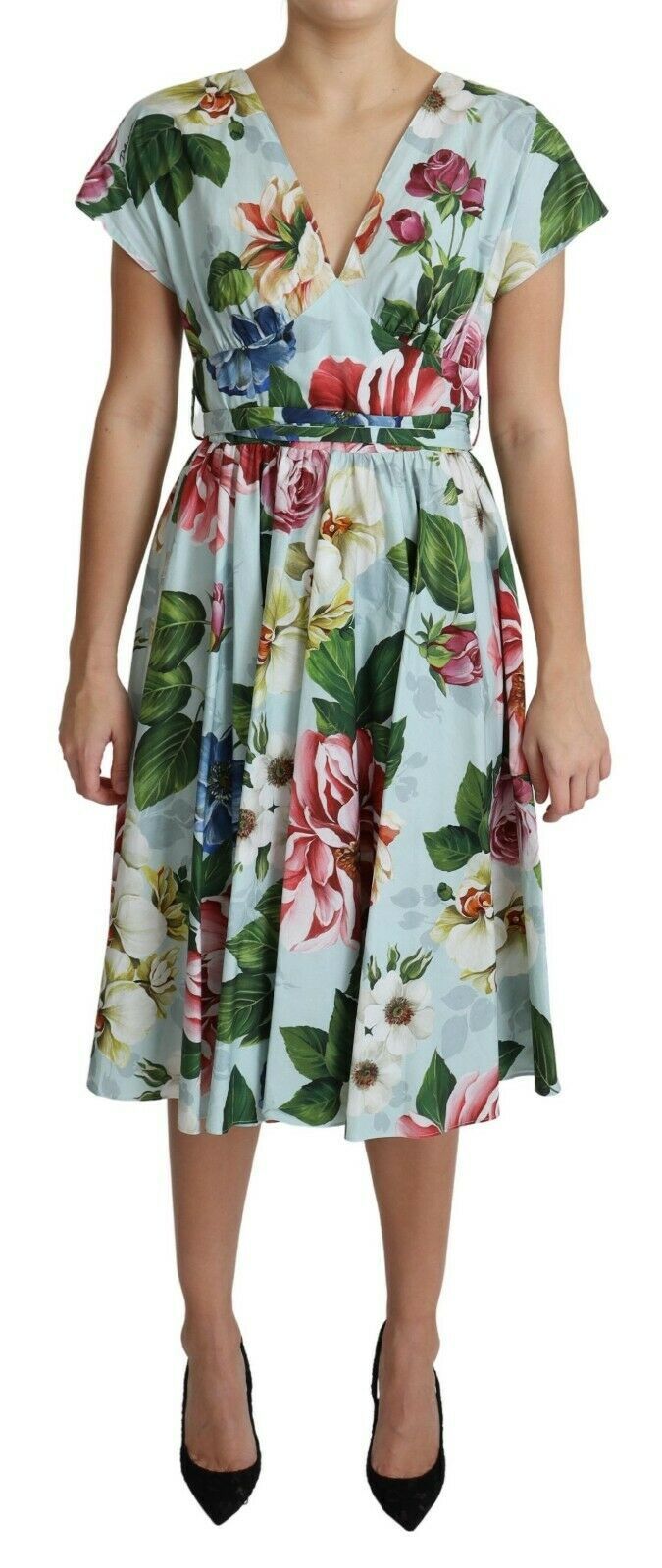 Green Floral Short Sleeves V-neck Dress