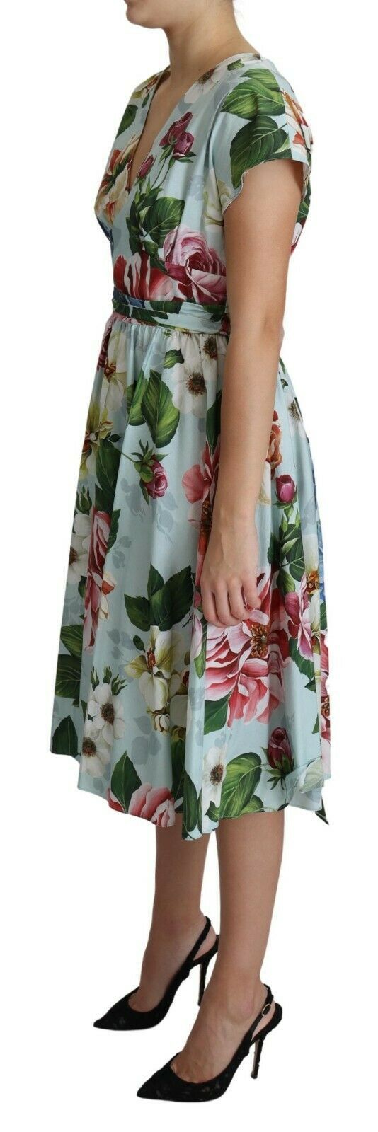 Green Floral Short Sleeves V-neck Dress