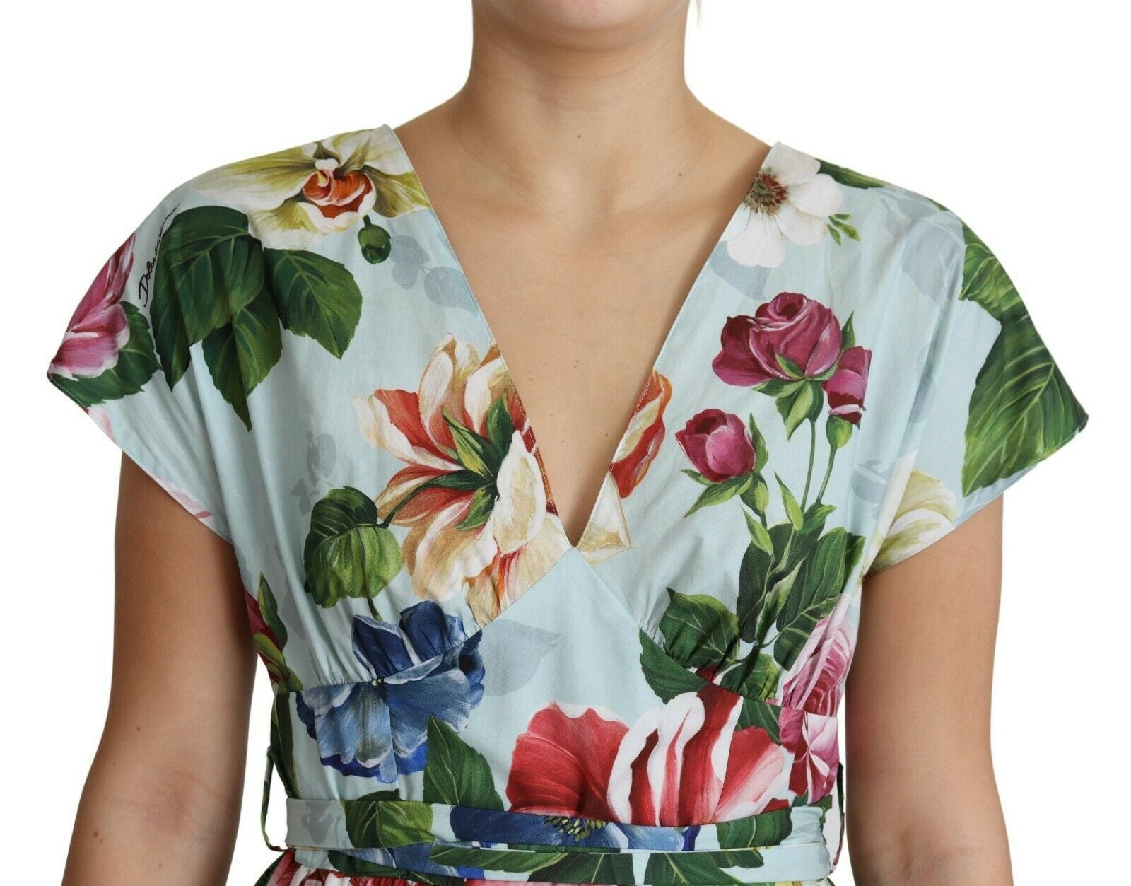 Green Floral Short Sleeves V-neck Dress