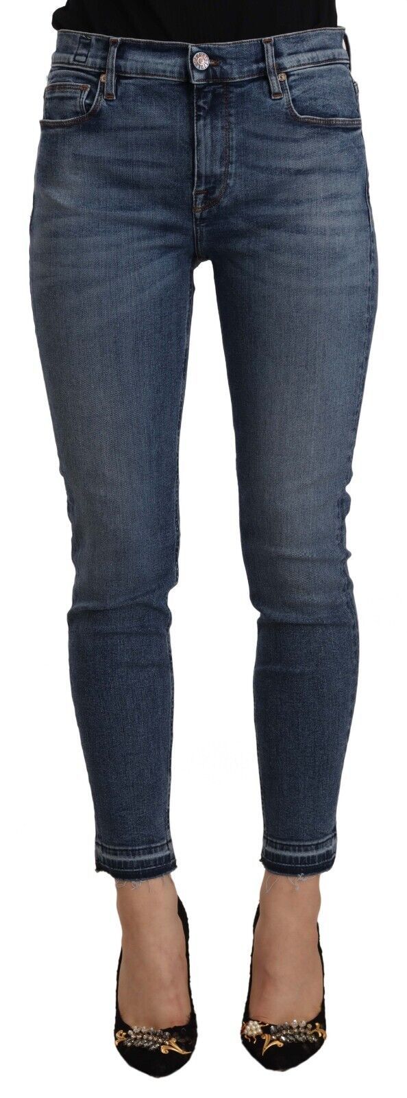 Blue Mid Waist Cotton Denim Slim Fit Cropped Jeans