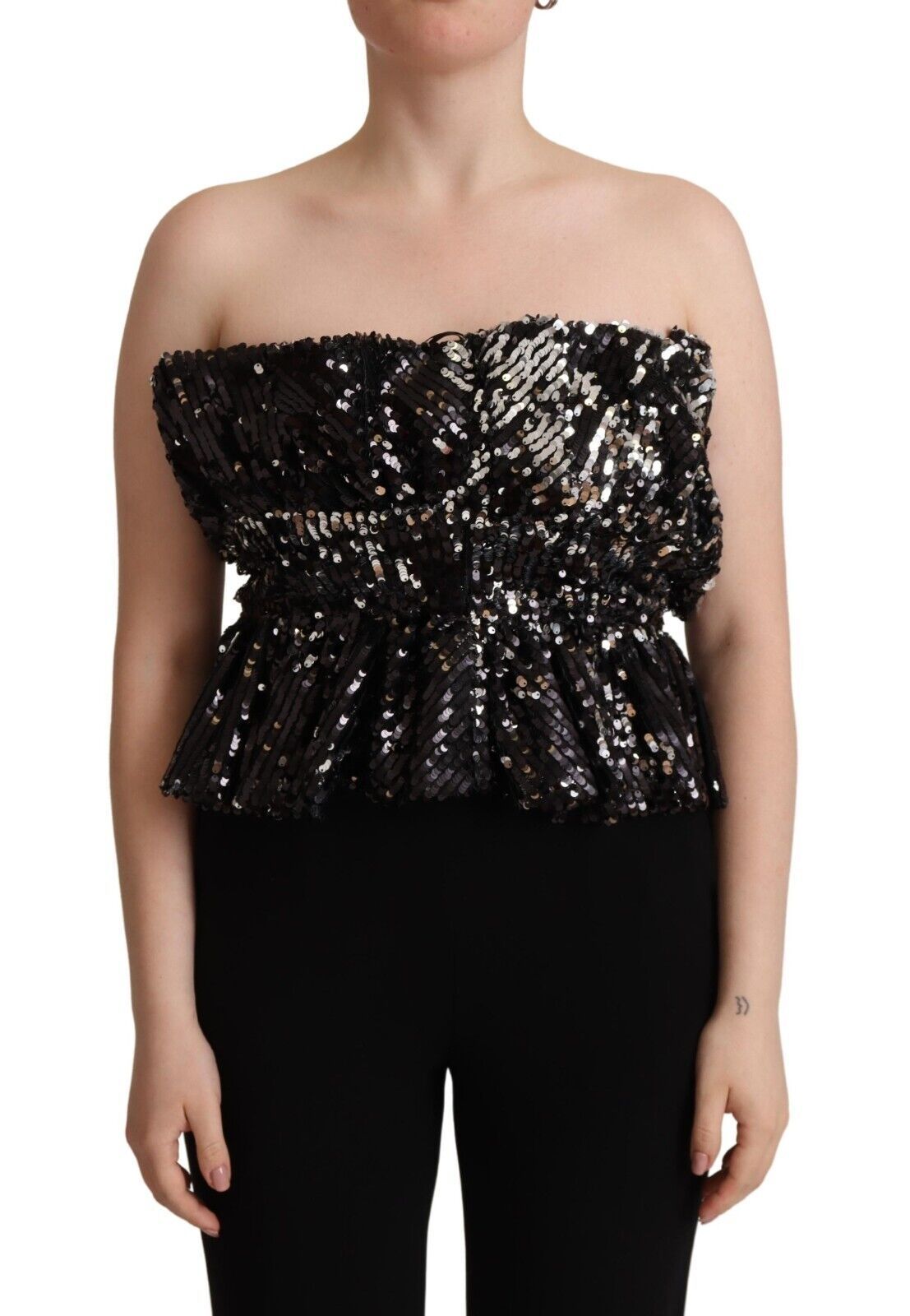 Aniye By Black Sequined Polyester Strapless Cocktail Blouse Top