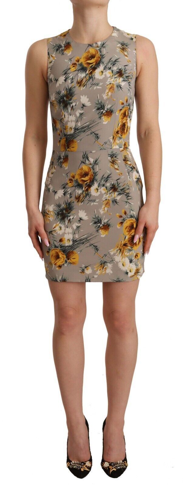 Gray Silk Stretch Floral Sheath Mini Dress