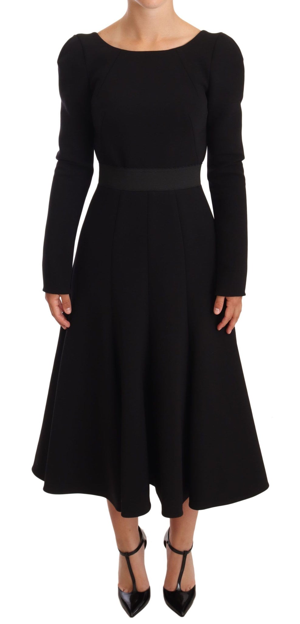 Black Wool Stretch Sheath Open Back Dress