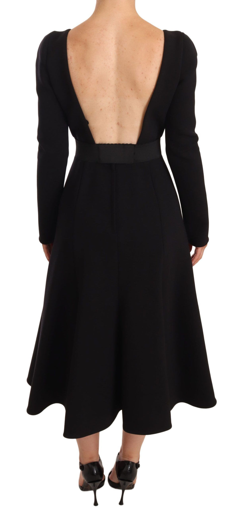 Black Wool Stretch Sheath Open Back Dress